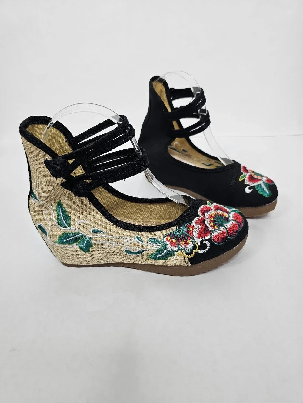 Chinese Floral Embroidered Wedge Mary Janes
